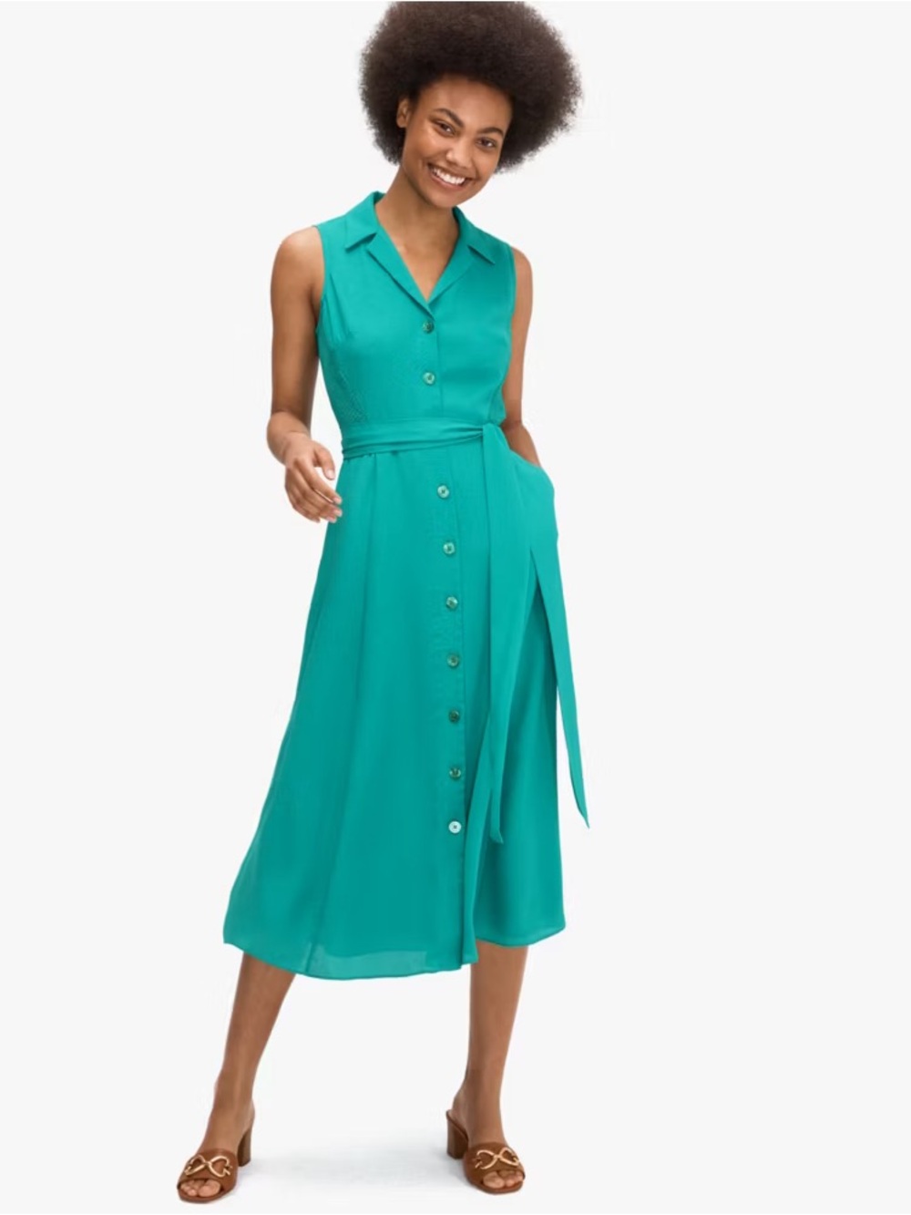 kate spade Teal Button-Front Sleeveless Midi Dress with Tie Belt